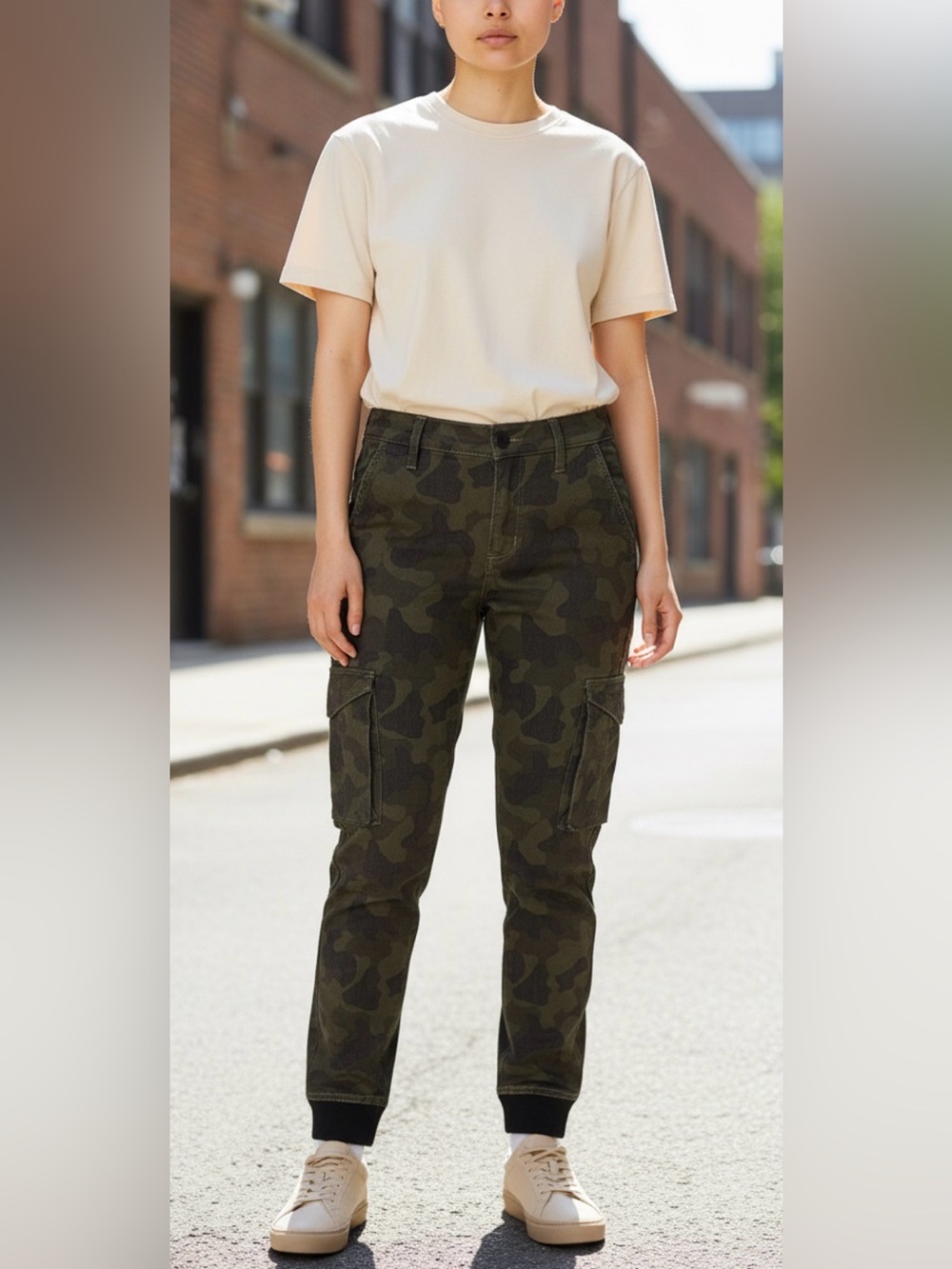 Neutral Tee with Olive Camo Cargo Pants